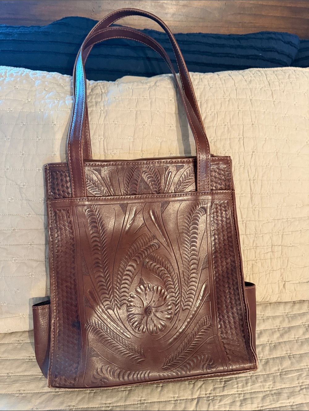 Women's Tooled Leather Tote Bag in Brown